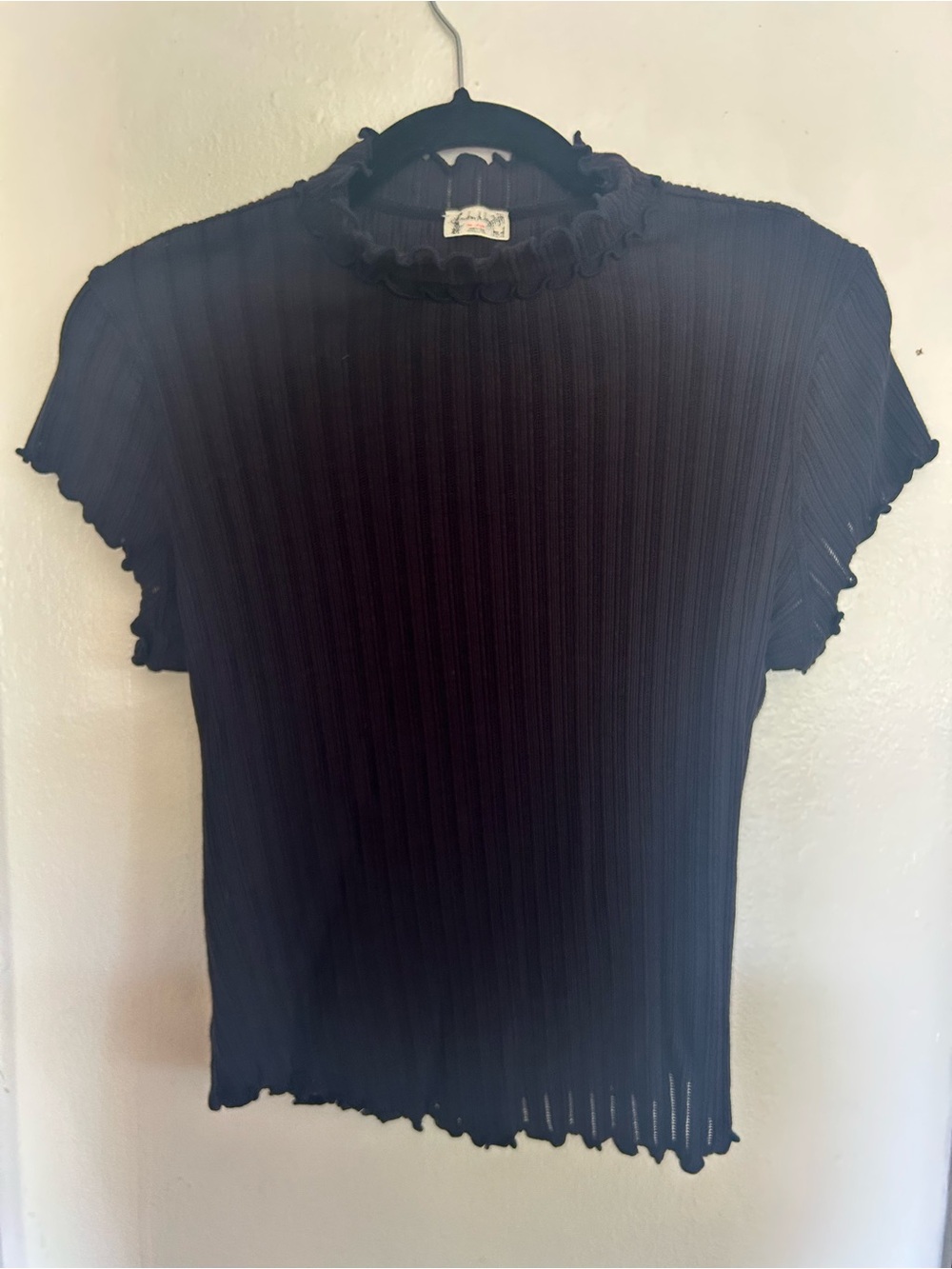 Free people Black Ruffled Mock Neck Ribbed Top - Women's